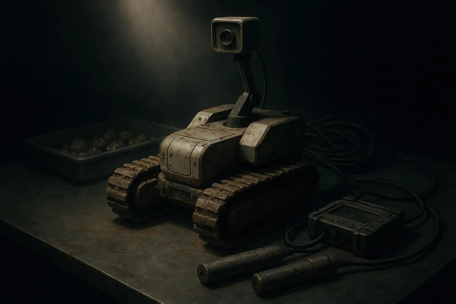 Teotihuacan Vehículo Pequeño Con Orugas Metálicas En Mesa Vehículo metálico con orugas y brazo elevado sobre mesa, teotihuacan