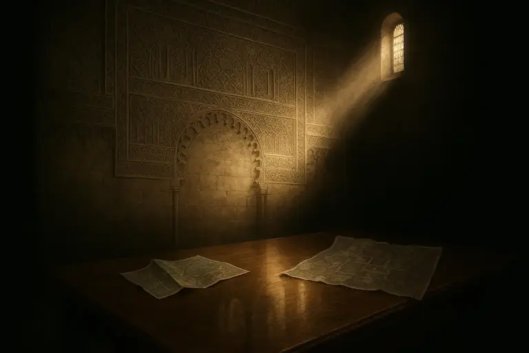 Misterios de Toledo: cuevas, leyendas y evidencia documental 1 Sala oscura con mesa de madera y pared tallada, iluminada por misterios de Toledo