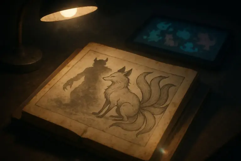 Yokai famosos: del mito antiguo al canon de Sekien y Mizuki 3 Ilustración de zorro con varias colas y sombra humanoide en libro antiguo, yokai famosos