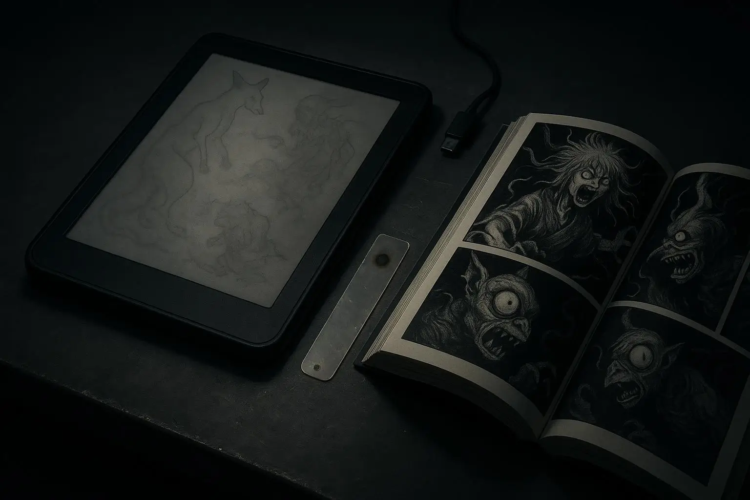 Yokai Famosos Ilustraciones Oscuras En Libro Y Pantalla Libro abierto con yokai famosos en ilustraciones en blanco y negro junto a dispositivo oscuro