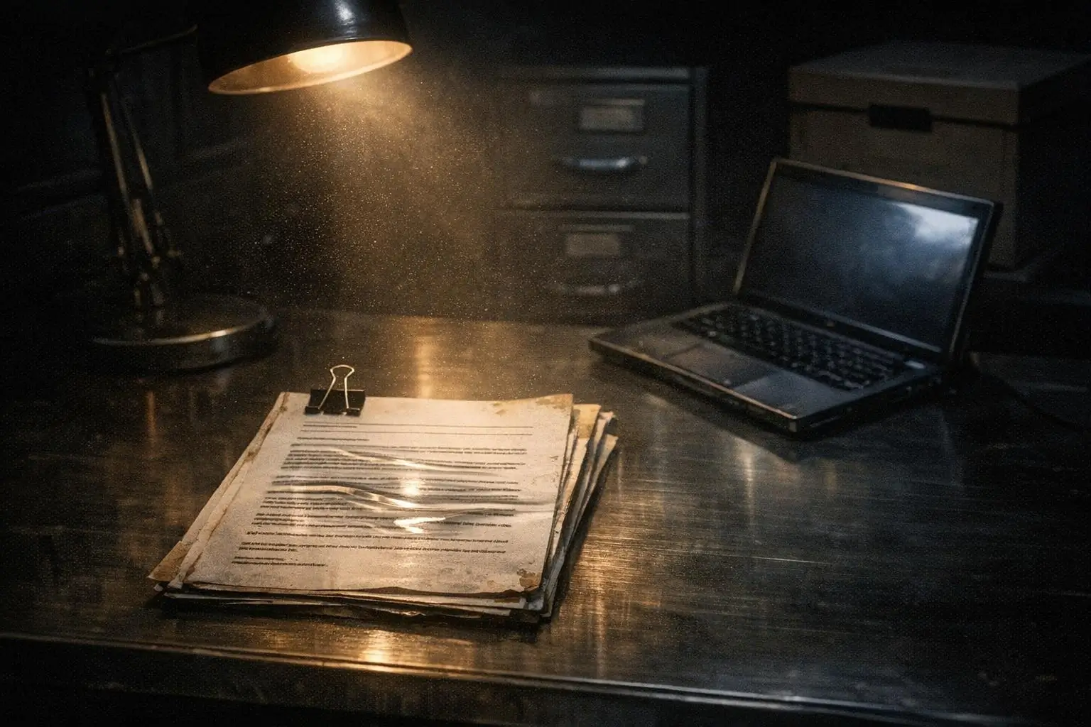 AATIP: programa secreto de OVNIs del Pentágono y sus límites 1 AATIP: el programa secreto de OVNIs del Pentágono en una mesa metálica con papeles sujetos por pinza, lámpara y portátil