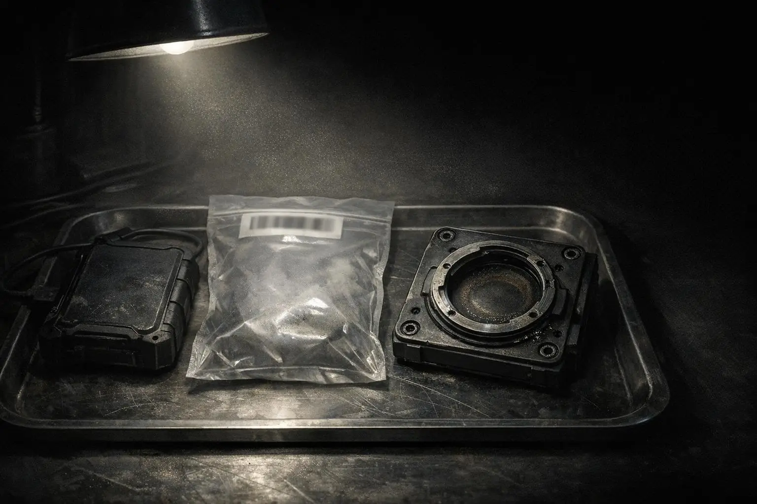 AATIP: El Programa Secreto De OVNIs Del Pentágono sobre bandeja metálica iluminada Bandeja metálica con piezas oscuras y una bolsa transparente, bajo lámpara, AATIP: el programa secreto de OVNIs del Pentágono