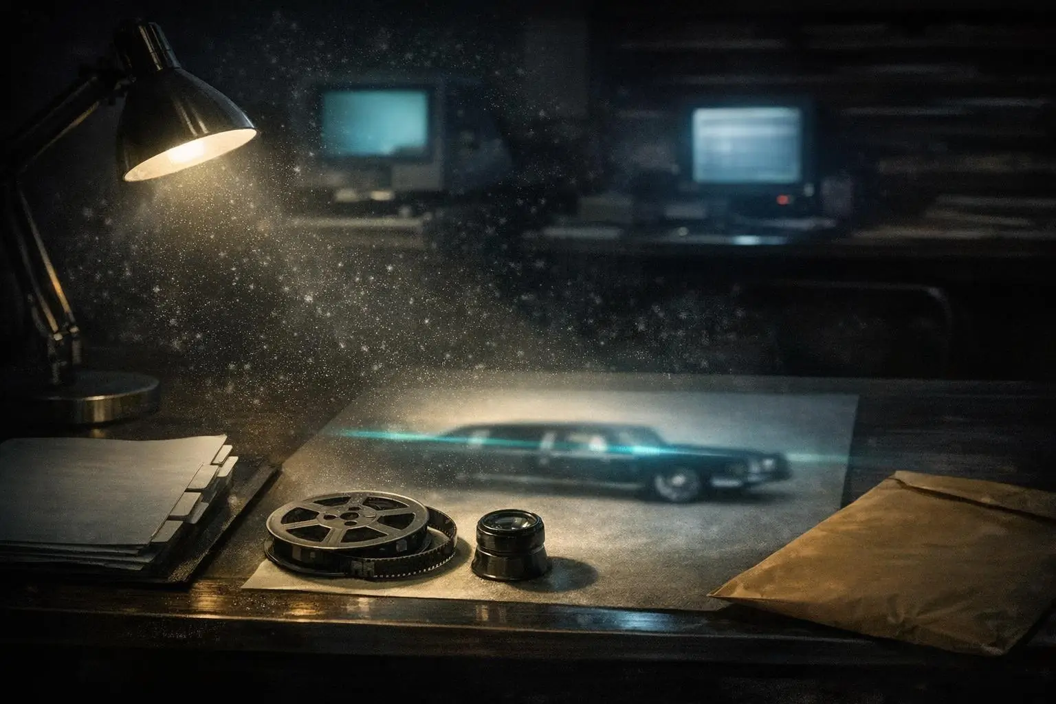 Asesinato JFK: de la Comisión Warren a los límites del archivo 1 Mesa con lámpara encendida, carrete circular, pequeño cilindro y sobre marrón; asesinato jfk en la descripción