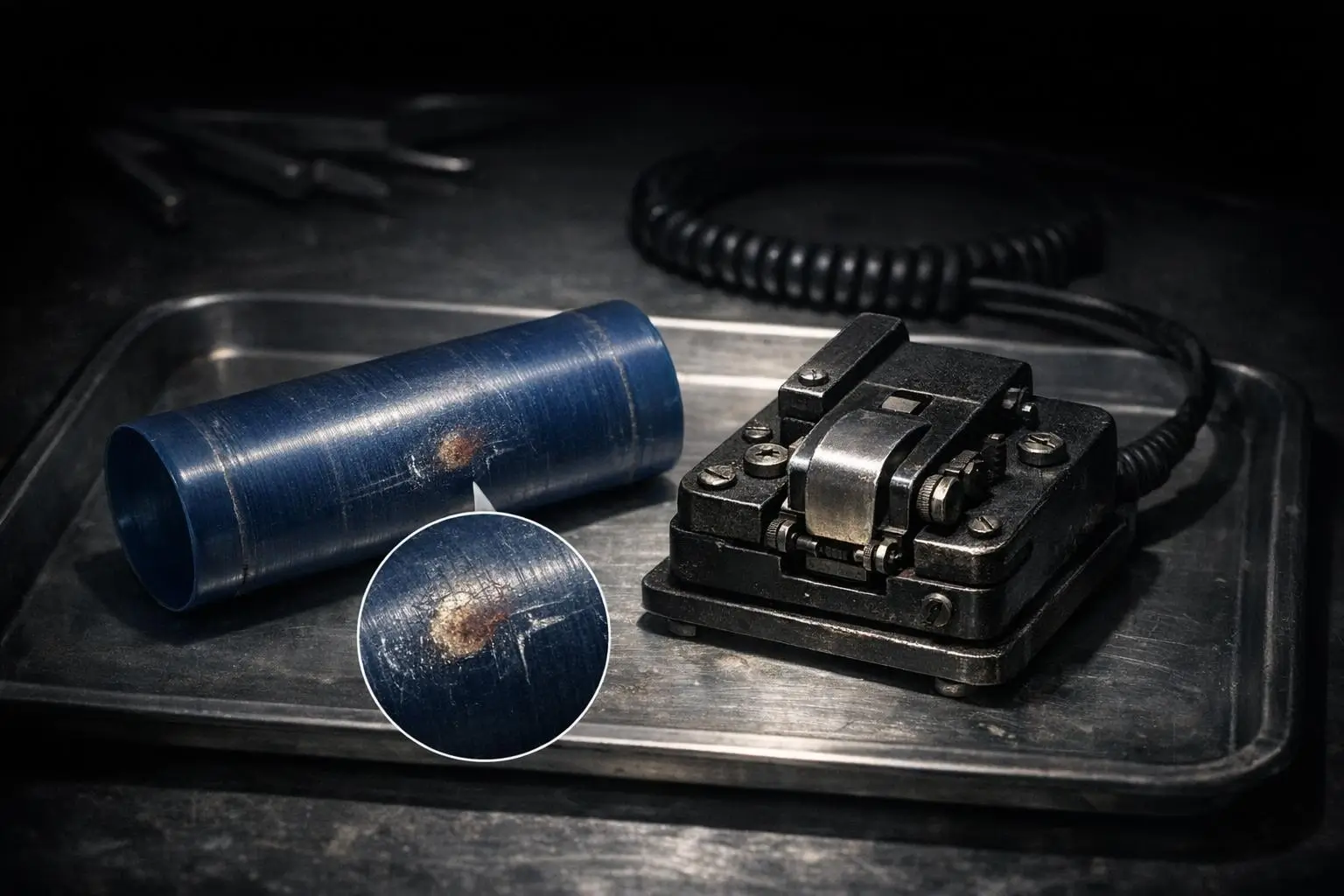 Asesinato Jfk, cilindro azul y pieza metálica sobre bandeja Asesinato Jfk: cilindro azul con marca y pieza metálica negra con tornillos sobre una bandeja de metal