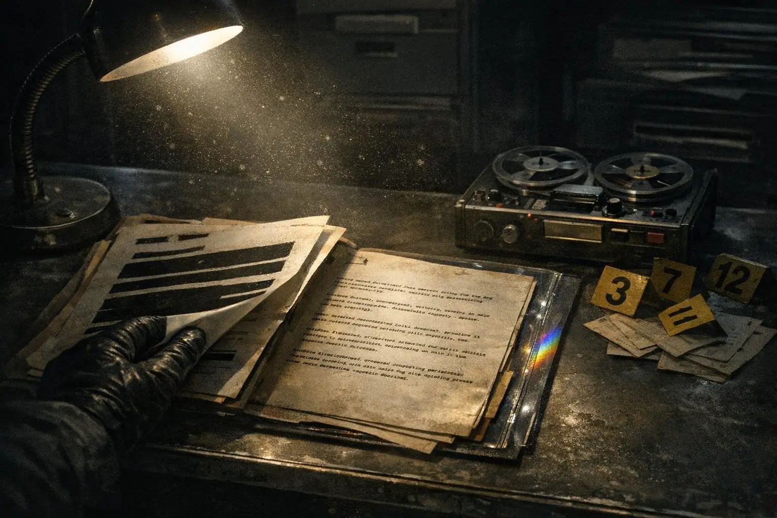 Curiosidades reales y misterios racionales 2 COINTELPRO: la guerra secreta del FBI sobre mesa polvorienta con hojas apiladas, lámpara y marcadores numéricos