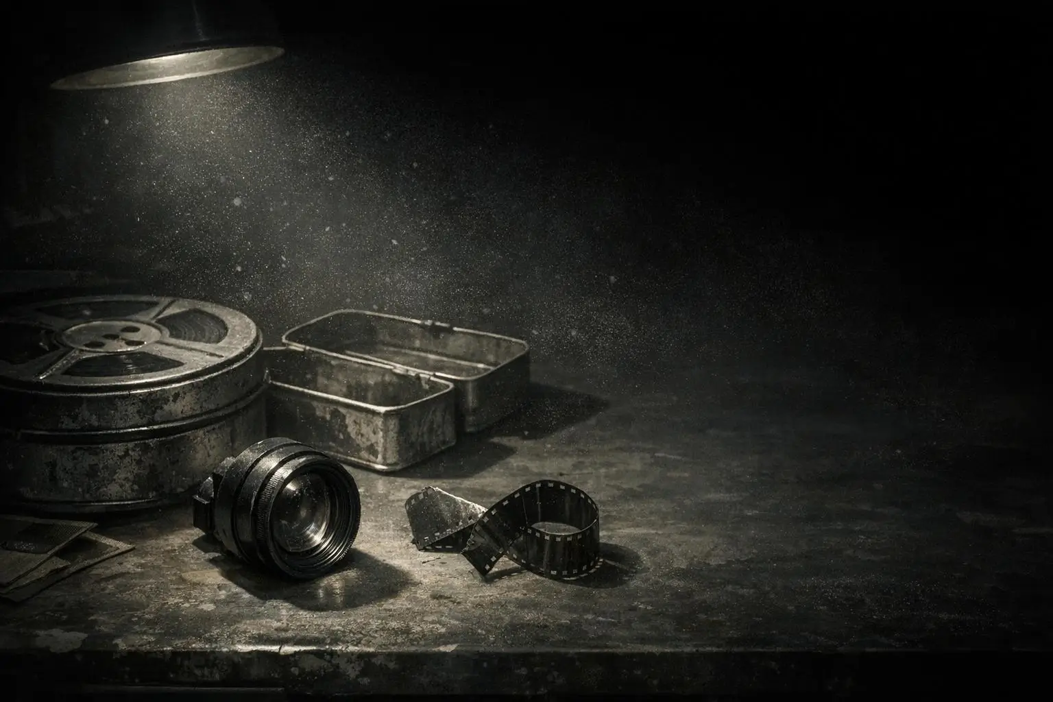 COINTELPRO: La Guerra Secreta Del FBI, objetos metálicos y película COINTELPRO: la guerra secreta del FBI junto a un carrete metálico, una lente y una tira de película sobre una mesa oscura