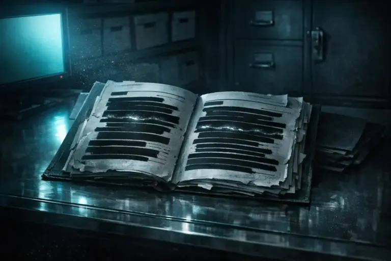 FOIA: los archivos de la CIA desclasificados y sus límites reales 7 Libro abierto con páginas con franjas negras sobre mesa metálica; FOIA: los archivos de la CIA desclasificados aparece una vez.