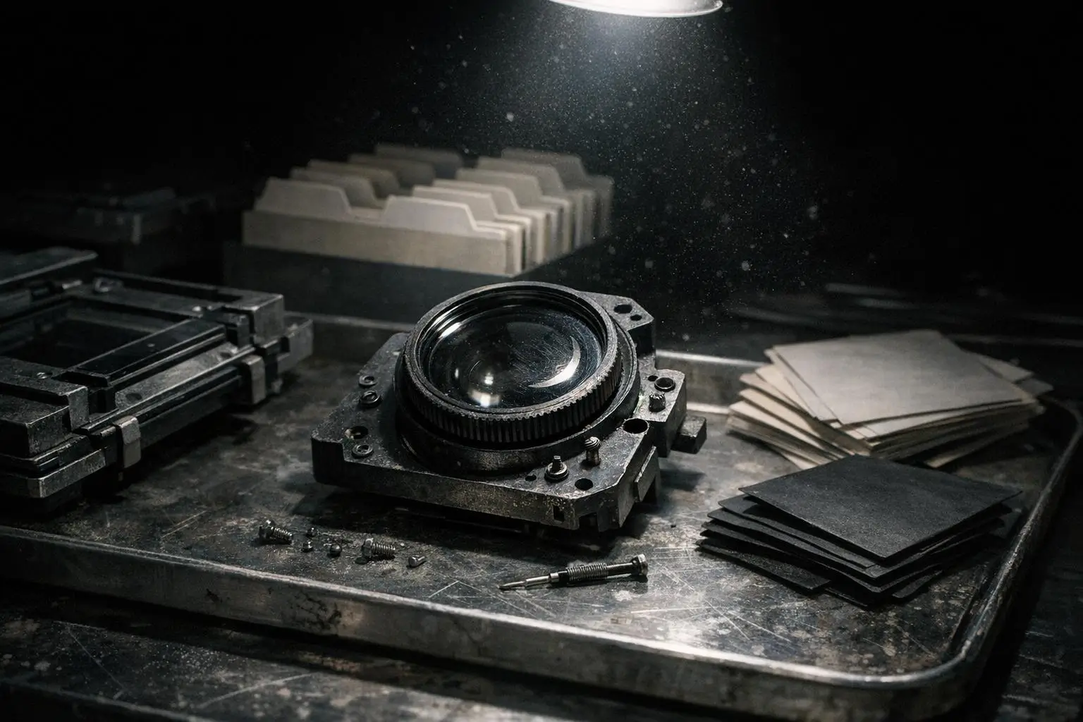 FOIA: Los Archivos De La CIA Desclasificados, lente sobre bandeja metálica FOIA: los archivos de la CIA desclasificados junto a una lente circular y piezas pequeñas sobre una bandeja metálica.