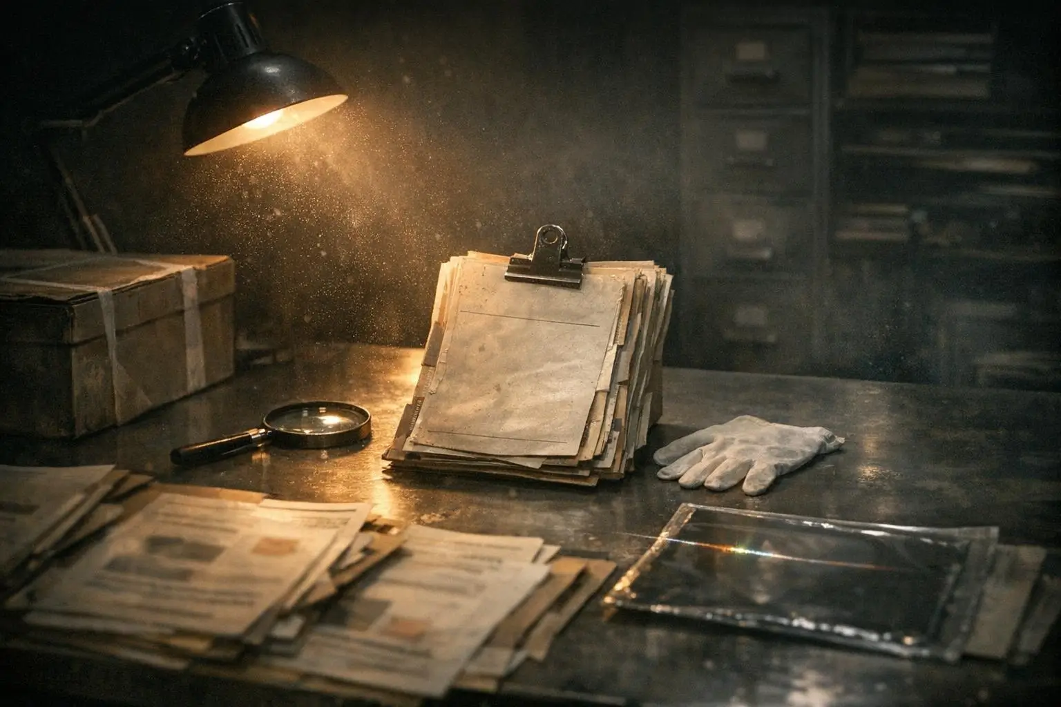 Curiosidades reales y misterios racionales 2 Operación Gladio con carpeta de papeles en pinza, lupa y guantes blancos sobre una mesa oscura iluminada por lámpara