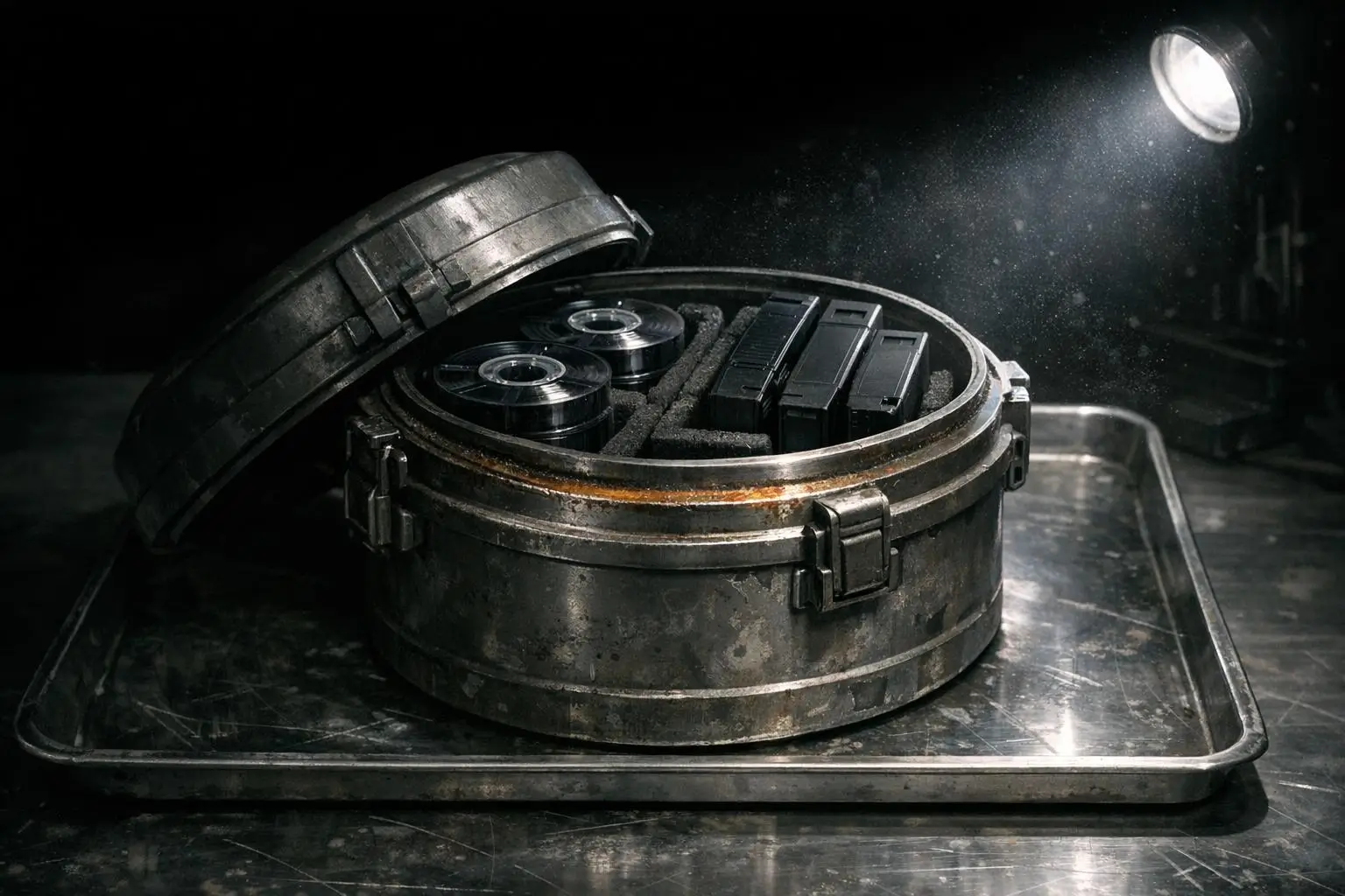 Operación Gladio, contenedor metálico abierto con piezas negras Contenedor metálico circular abierto con espuma interior, bobinas y piezas negras; Operación Gladio