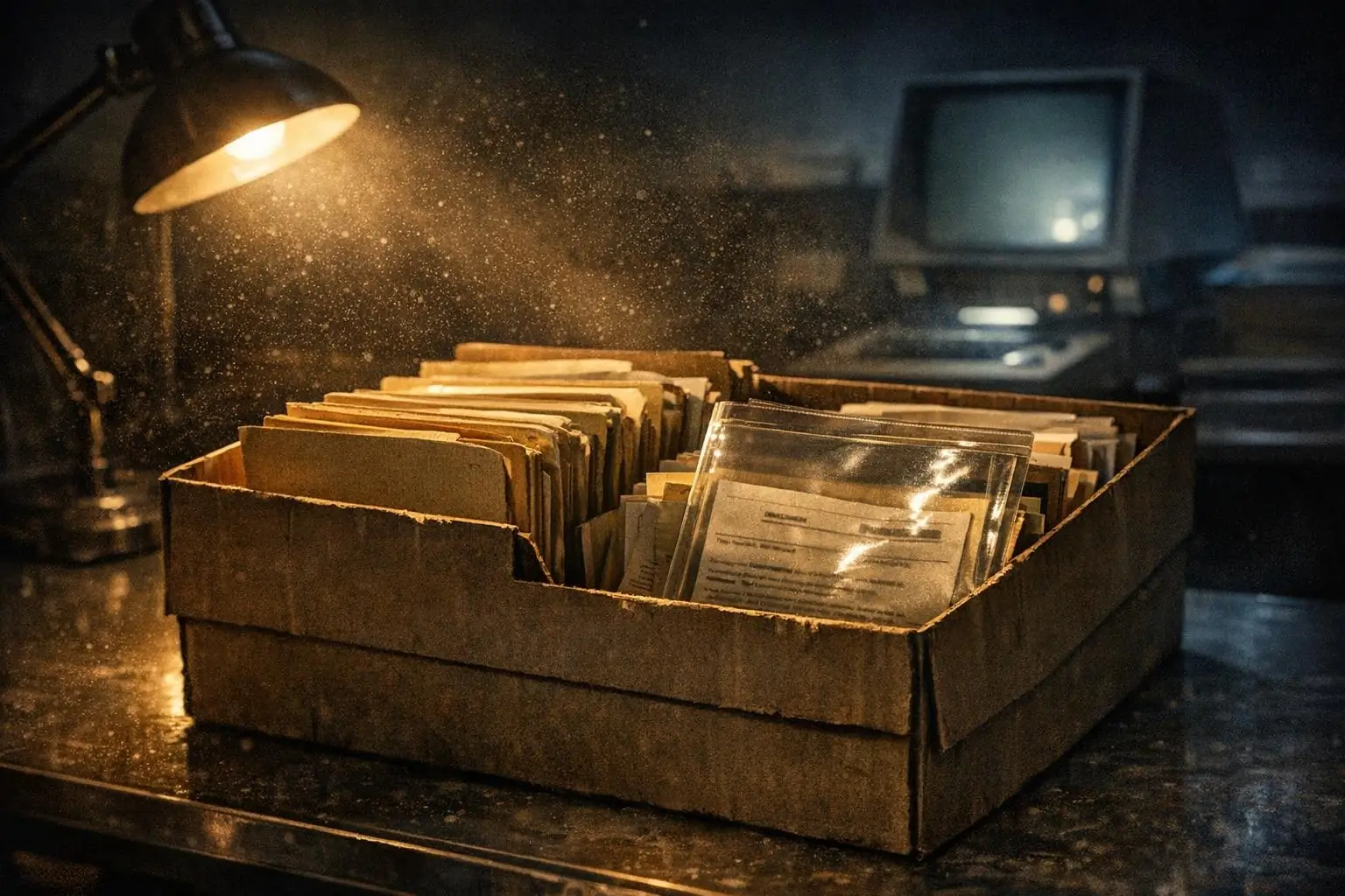 Operación Paperclip: 1.600 científicos nazis y archivos de EE. UU. 1 Caja de cartón con carpetas y sobres en una mesa, iluminada por una lámpara; Operación Paperclip