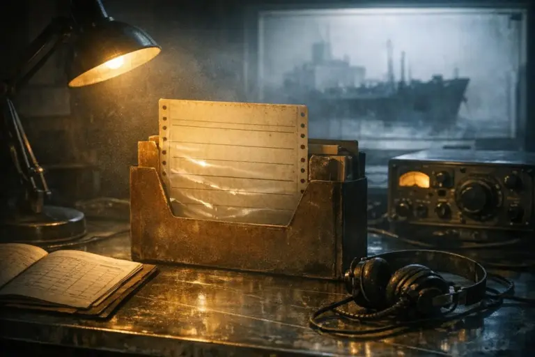 Ourang Medan: del SOS misterioso a la ausencia de registros 4 ourang medan en un escritorio oscuro con lámpara encendida, caja con hojas perforadas, cuaderno abierto y auriculares junto a un equipo con dial