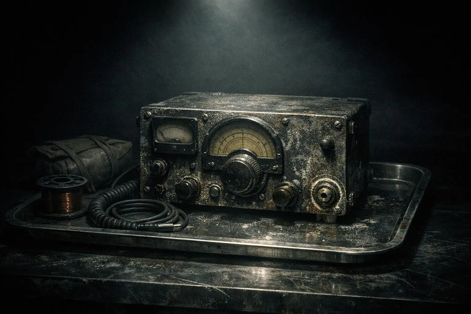 Ourang Medan caja metálica envejecida con diales y perillas Caja metálica con diales semicirculares y perillas, con desgaste y suciedad; ourang medan aparece en la descripción.