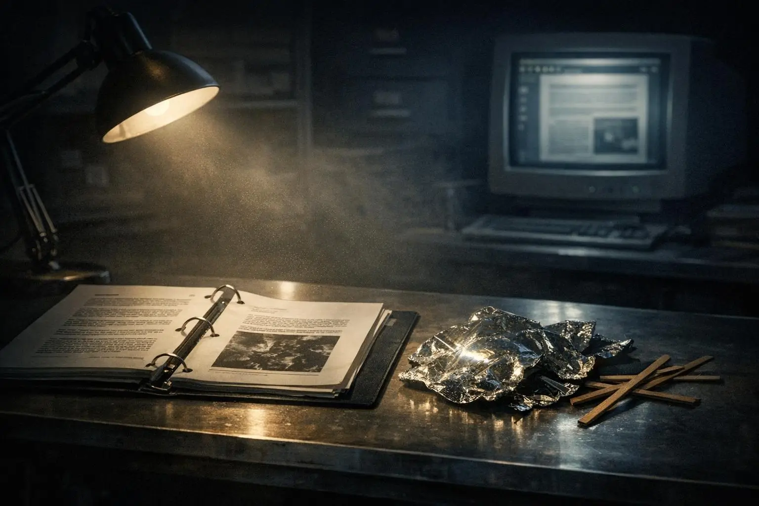 Roswell: del "disco" de 1947 a los archivos del Proyecto Mogul 1 Roswell: el informe que no cierra junto a carpeta con hojas, lámpara de escritorio y pantalla borrosa al fondo