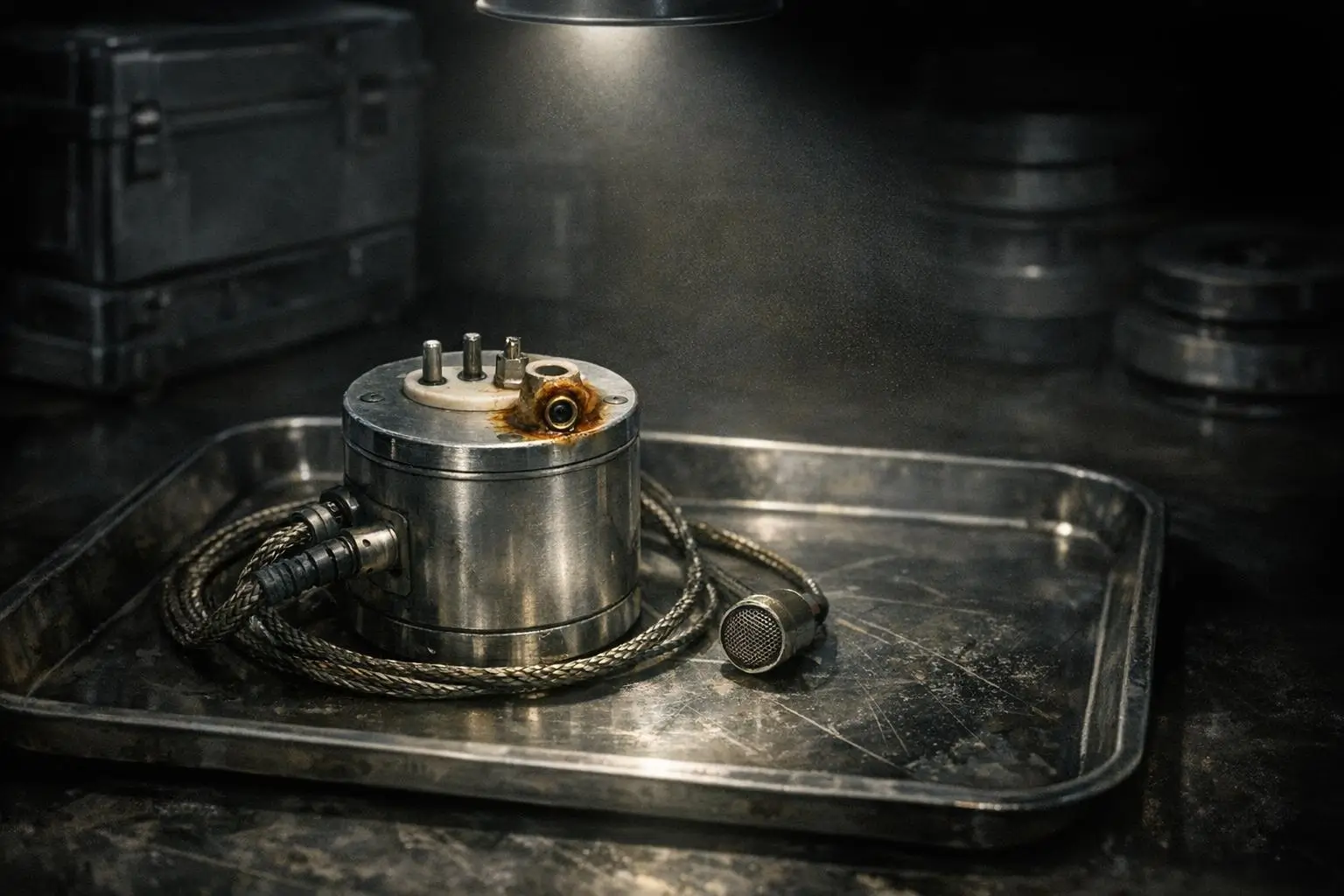 Roswell: El Informe Que No Cierra, cilindro metálico en bandeja Roswell: el informe que no cierra junto a un cilindro metálico con cables trenzados sobre una bandeja