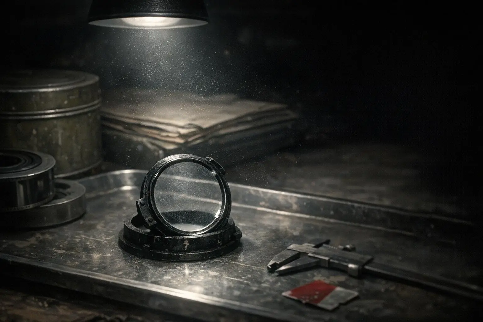 Tuskegee: El Experimento Que Nunca Se Detuvo, mesa con lente Tuskegee: el experimento que nunca se detuvo junto a una lente circular sobre una bandeja metálica, con herramienta y polvo iluminado.