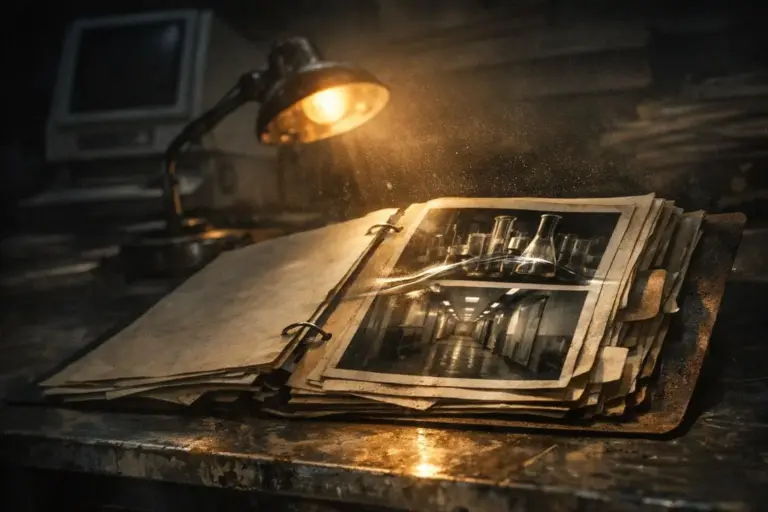 Unidad 731: crímenes científicos documentados y lo que falta 5 Unidad 731: crímenes científicos documentados junto a una carpeta de anillas con fotografías en blanco y negro bajo una lámpara cálida