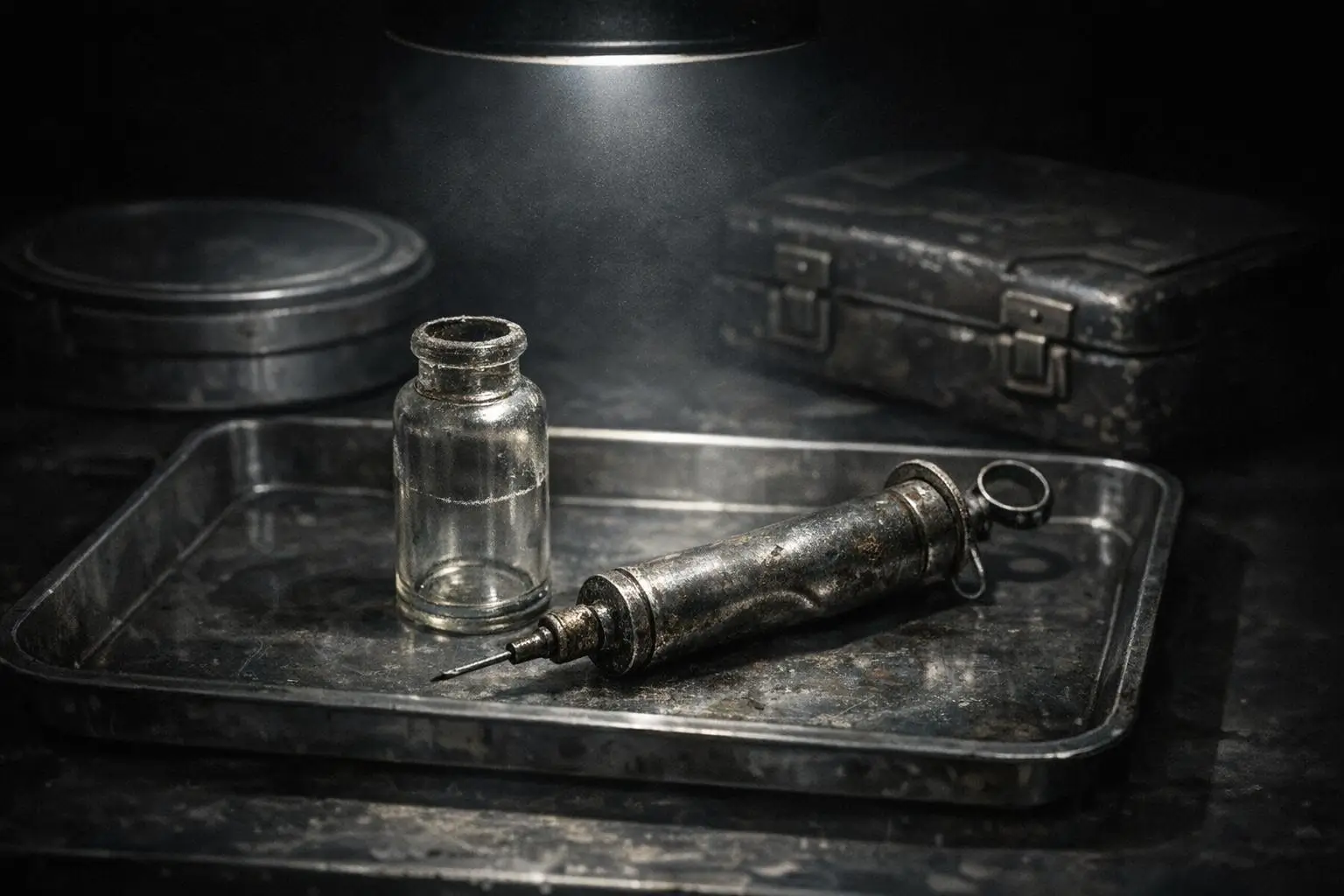 Unidad 731: Crímenes Científicos Documentados, bandeja Unidad 731: crímenes científicos documentados junto a una bandeja metálica con un frasco de vidrio y un objeto metálico alargado con aguja