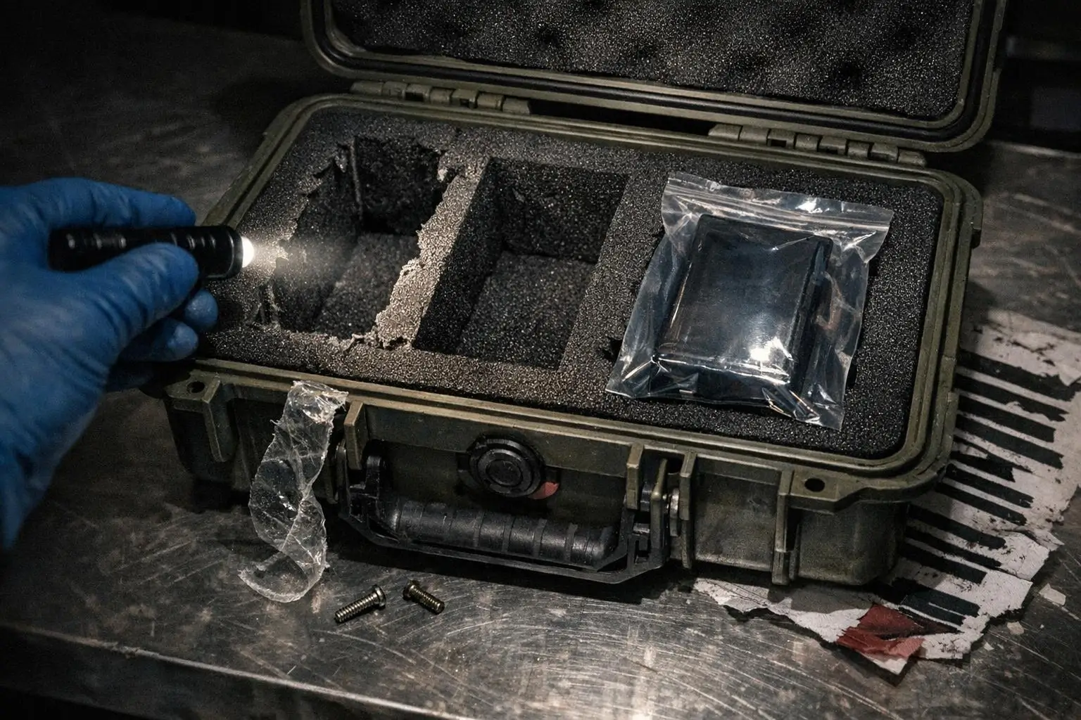 AATIP: programa secreto de OVNIs del Pentágono y sus límites 1 AATIP: el programa secreto de OVNIs del Pentágono, maletín verde abierto con espuma negra, guante azul, linterna y bolsa transparente