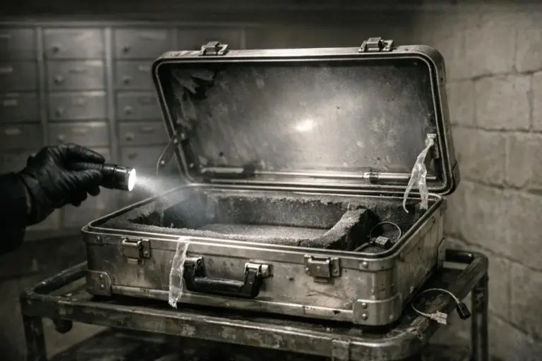 Banco del Vaticano y el caso Ambrosiano: el pago de 1984 y sus límites 3 Banco del Vaticano y el caso Ambrosiano: maletín metálico abierto con interior de espuma y una linterna iluminando desde la izquierda