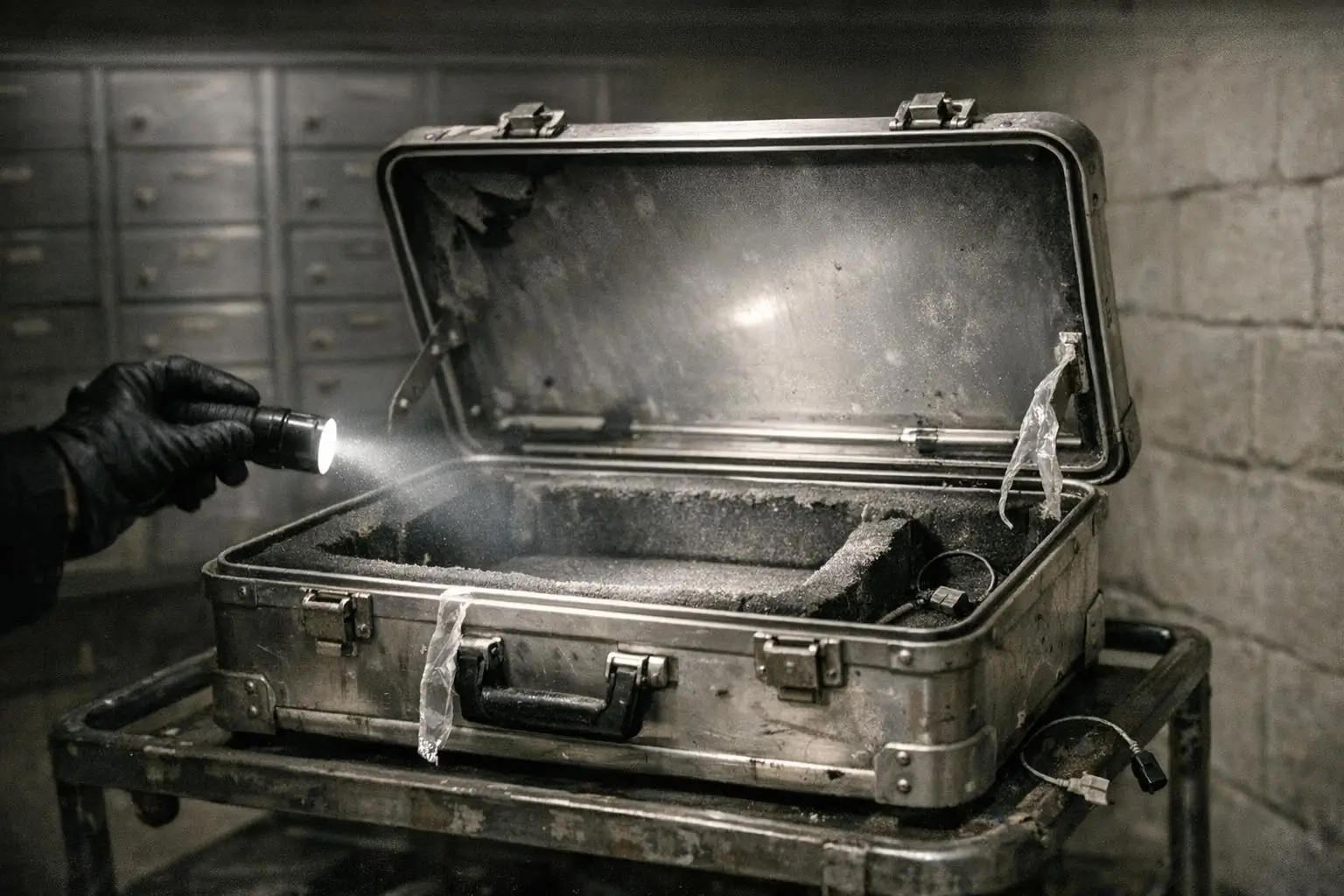 Curiosidades reales y misterios racionales 2 Banco del Vaticano y el caso Ambrosiano: maletín metálico abierto con interior de espuma y una linterna iluminando desde la izquierda