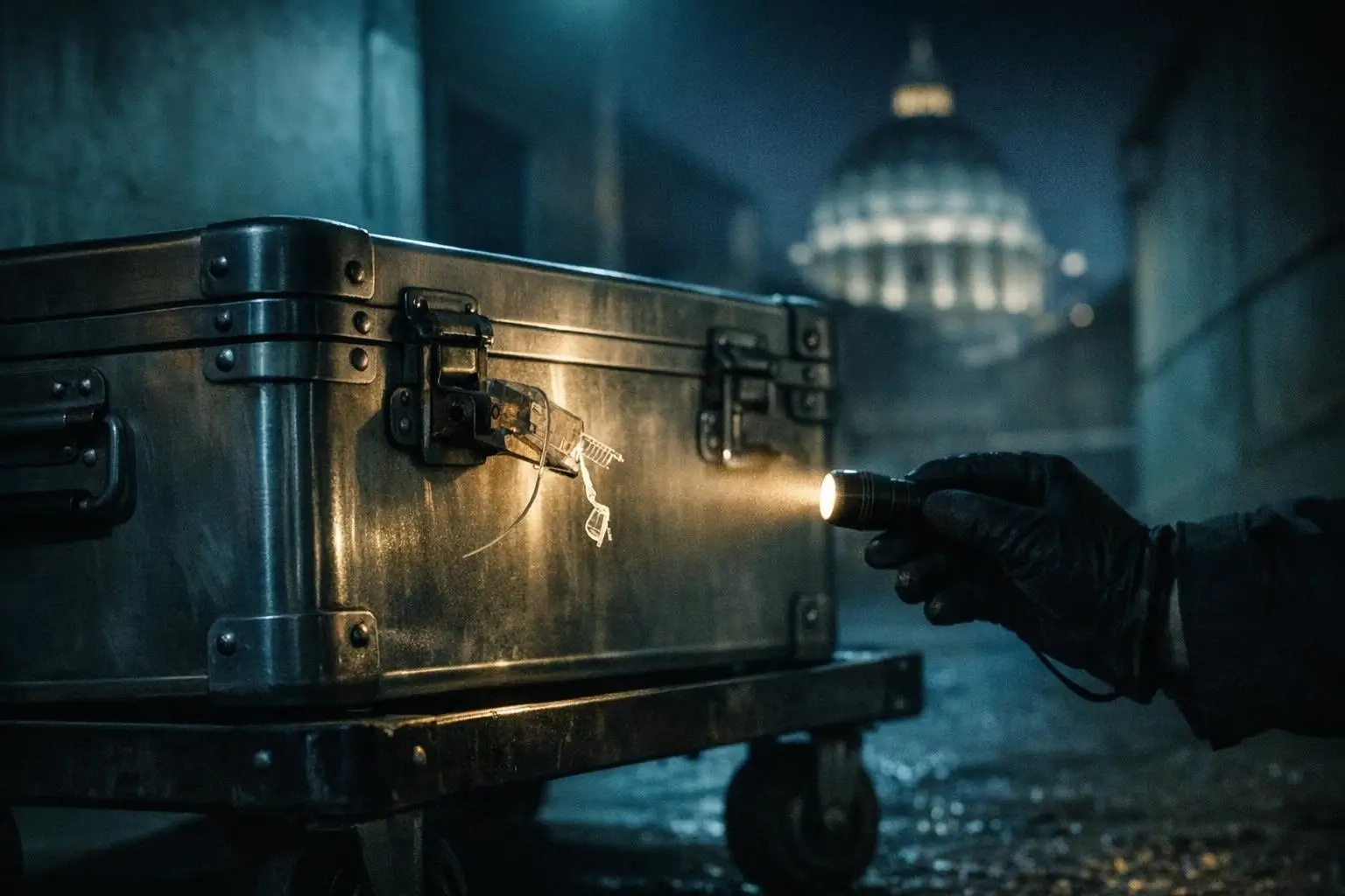 Banco Del Vaticano Y El Caso Ambrosiano, maletín metálico Banco del Vaticano y el caso Ambrosiano: maletín metálico con cierres y un guante sosteniendo una linterna