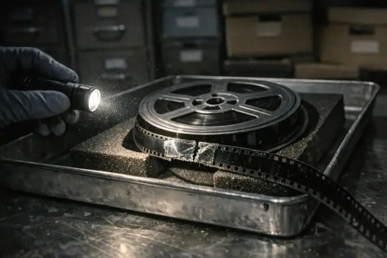 Comisión Warren: del informe oficial a la conspiración probable 3 Comisión Warren y el asesinato de JFK en una escena con carrete circular y una tira perforada iluminada por una linterna