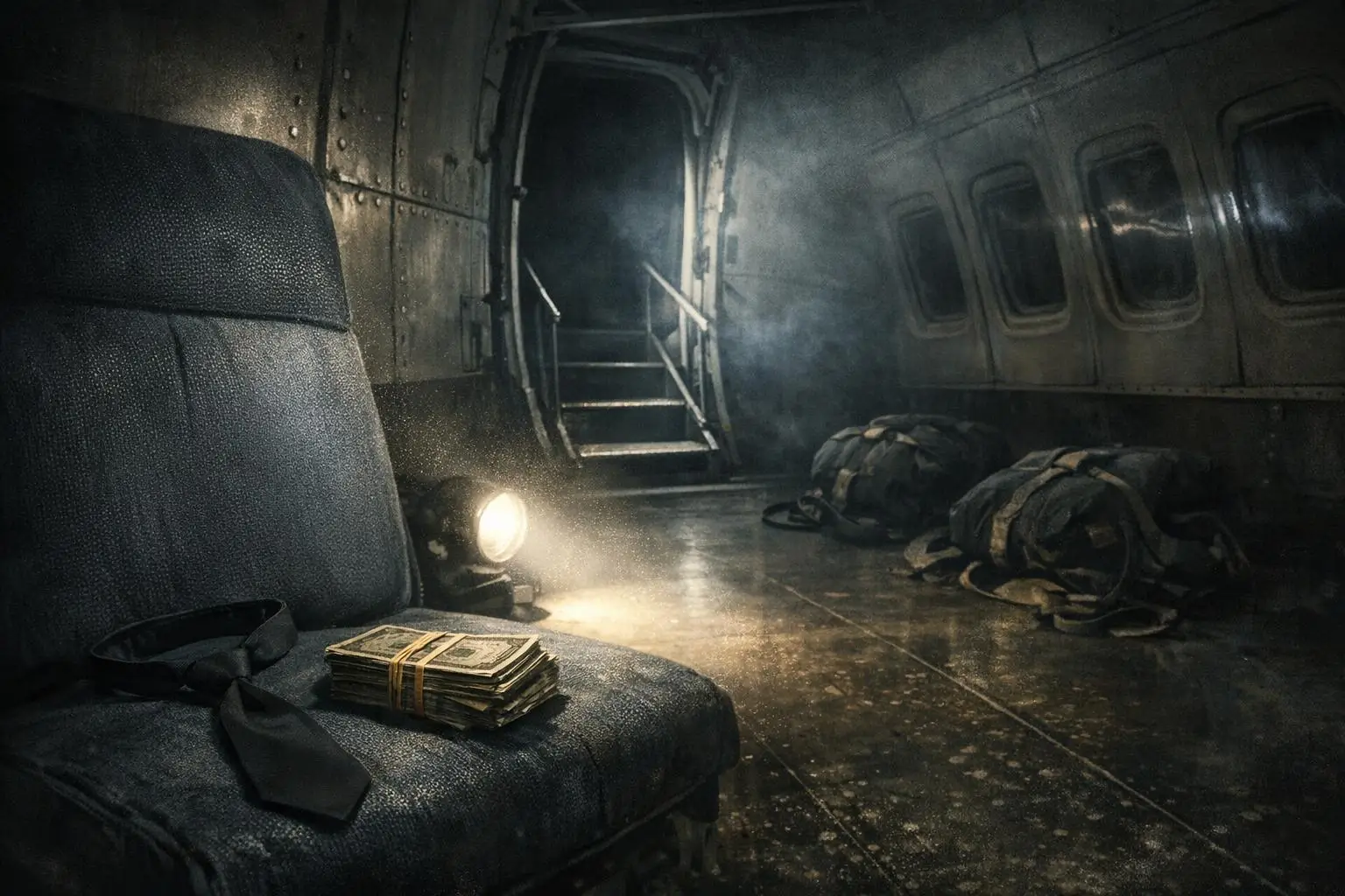 Curiosidades reales y misterios racionales 2 Interior metálico con asiento tapizado, fajos de billetes y bolsas en el suelo; DB Cooper.