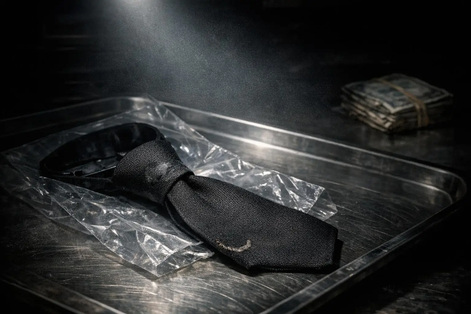 DB Cooper, corbata negra sobre bandeja metálica rayada DB Cooper: corbata negra sobre una bolsa de plástico transparente en una bandeja metálica