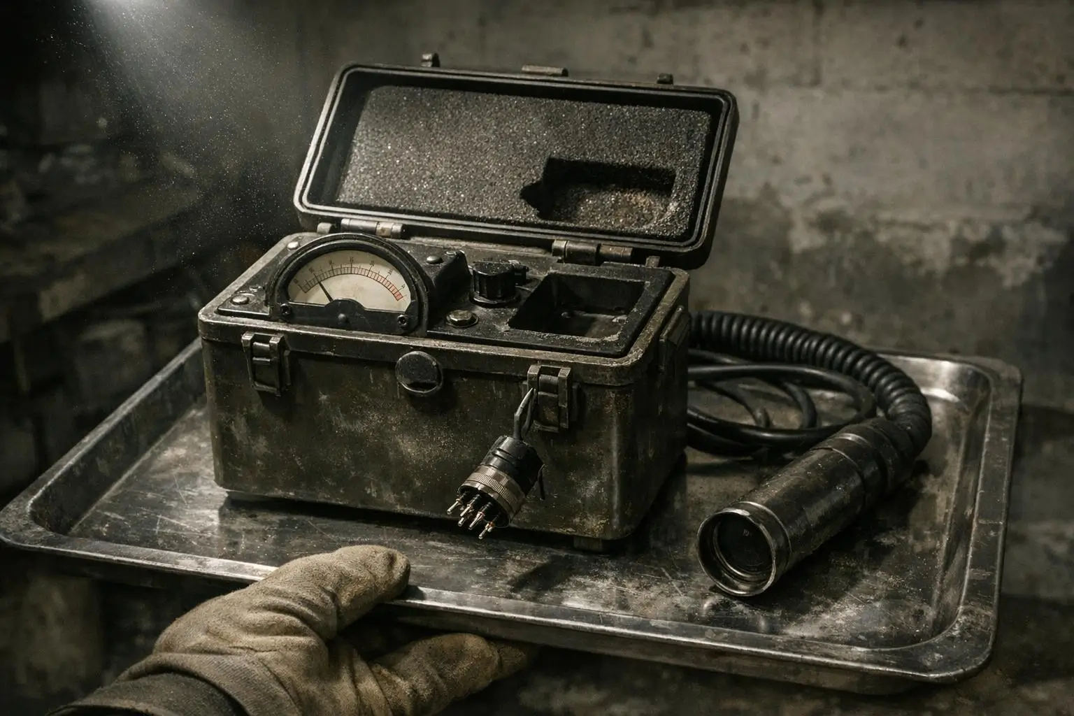 Curiosidades reales y misterios racionales 2 Caja metálica abierta con dial semicircular y cable grueso junto a un conector, en bandeja; Incidente Rendlesham Forest