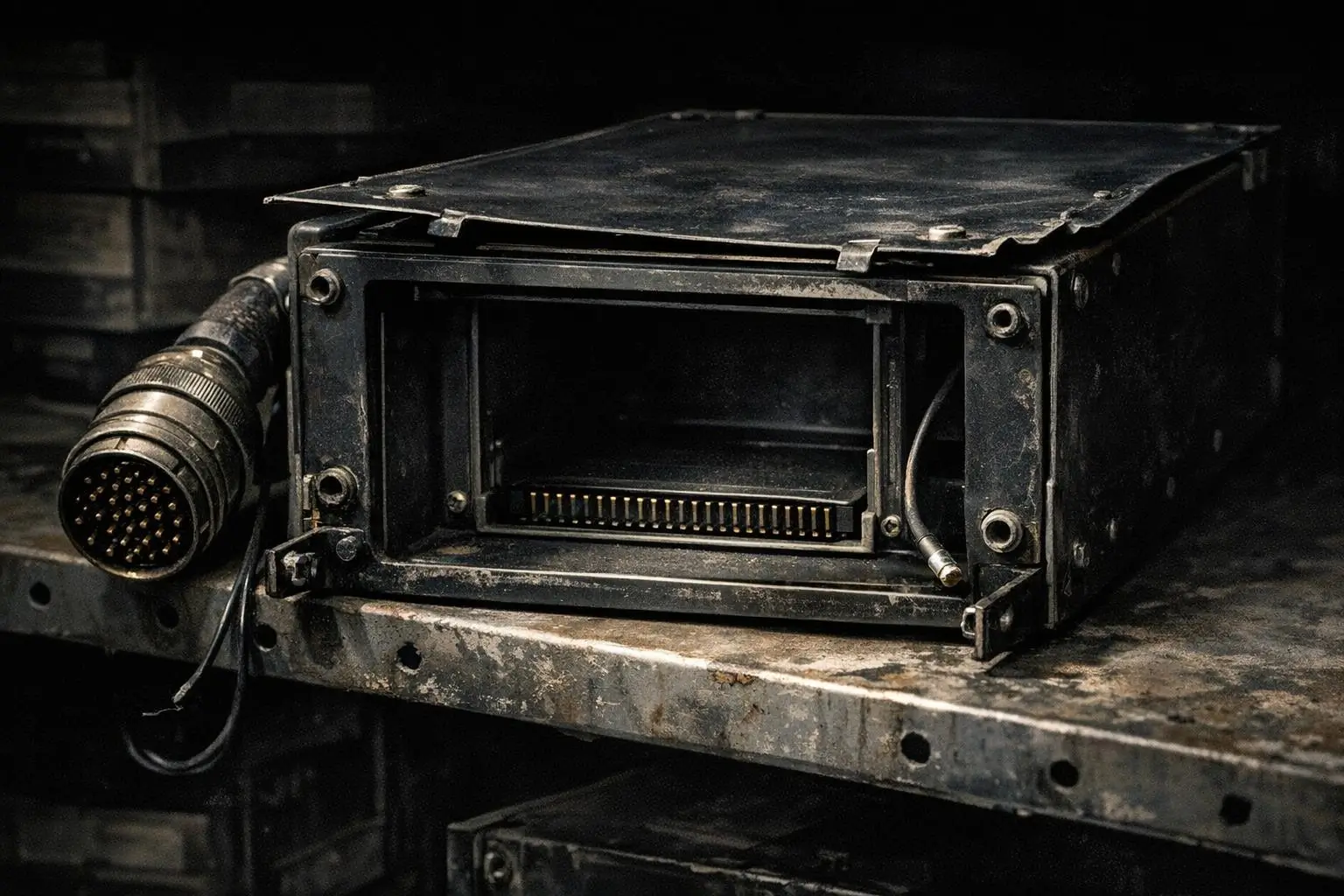 Incidente Teherán 1976 (UAP militar) caja metálica abierta Caja metálica rectangular con abertura frontal, conector circular y cable visible; Incidente Teherán 1976 (UAP militar).