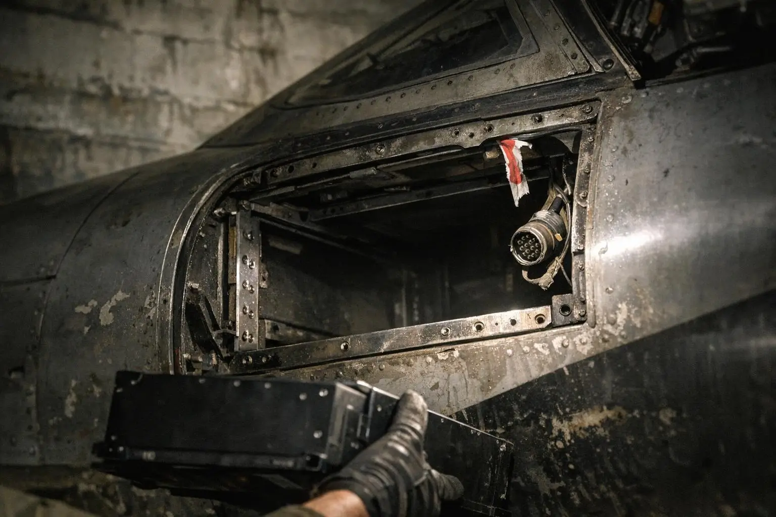 Curiosidades reales y misterios racionales 2 Incidente Teherán 1976 (UAP militar) con primer plano de una abertura rectangular en superficie metálica con remaches y un conector circular.