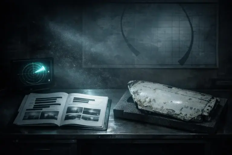 MH370: de los informes contradictorios a los límites del archivo 5 MH370: el avión y los informes contradictorios junto a un objeto metálico con desgaste, un libro abierto y una pantalla con círculos.