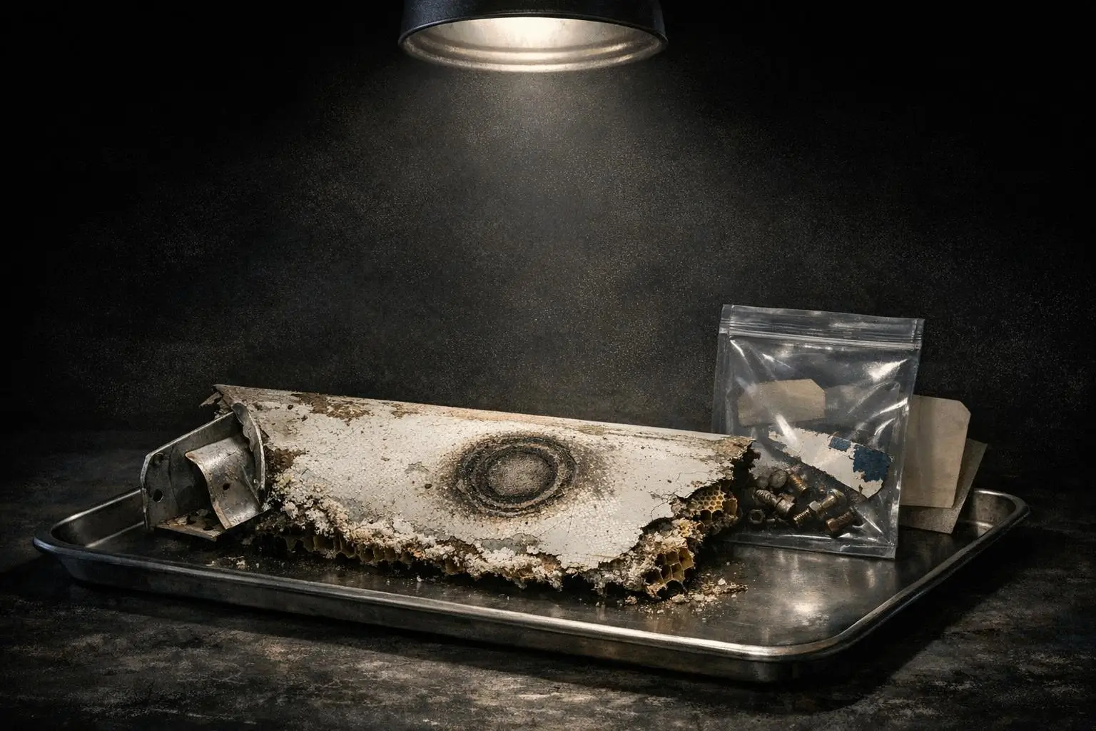 MH370: El Avión Y Los Informes Contradictorios, restos MH370: el avión y los informes contradictorios, fragmento blanquecino deteriorado sobre bandeja metálica bajo una luz superior