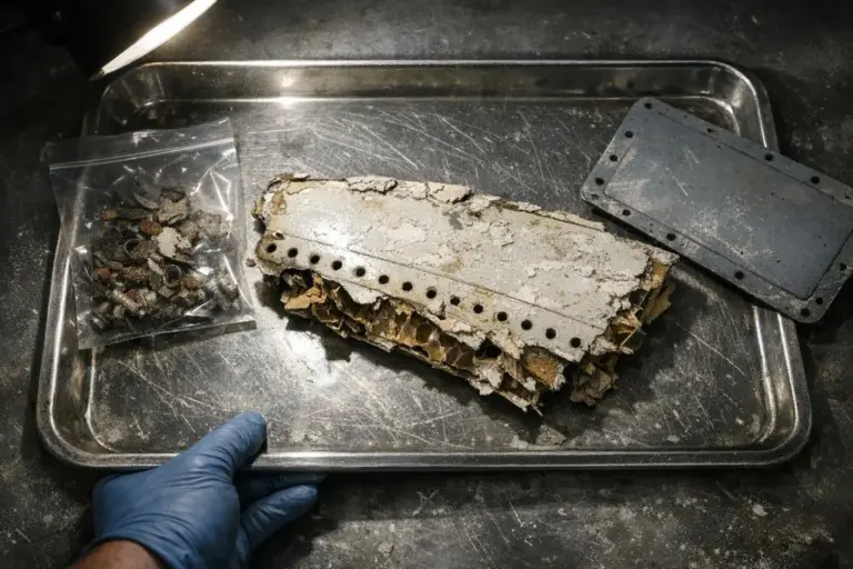 MH370: de los informes contradictorios a los límites del archivo 5 MH370: el avión y los informes contradictorios con piezas irregulares sobre una bandeja metálica y una mano con guante azul