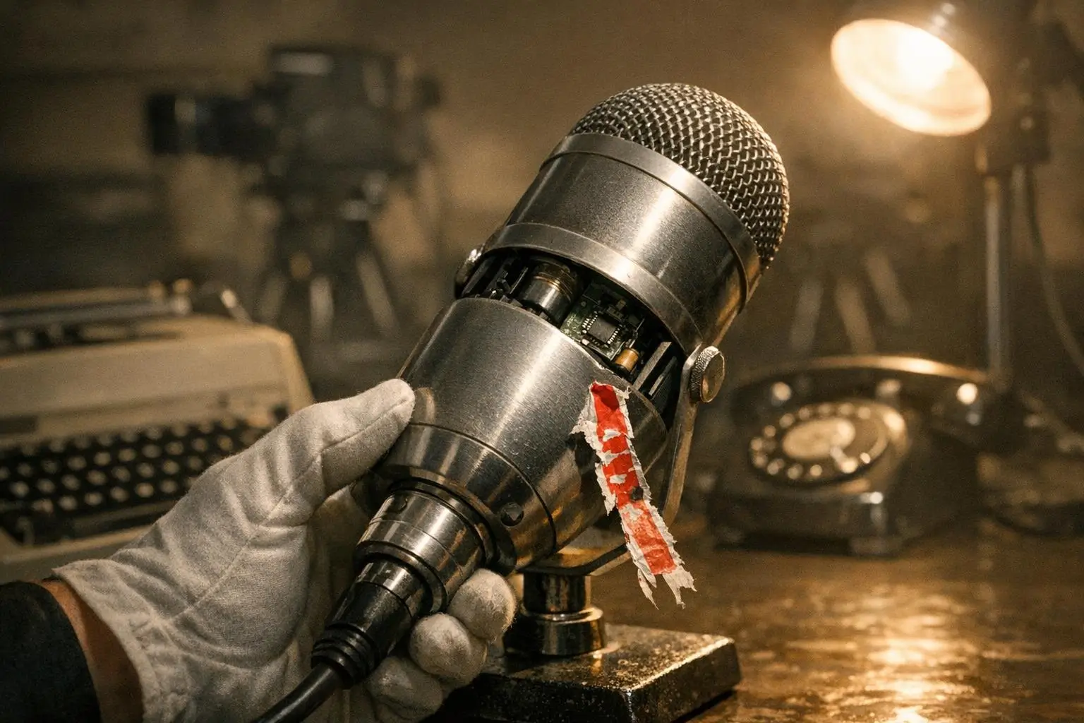 Operación Mockingbird y micrófono metálico sostenido con guante Operación Mockingbird, micrófono de metal con rejilla redonda y una mano con guante gris en primer plano