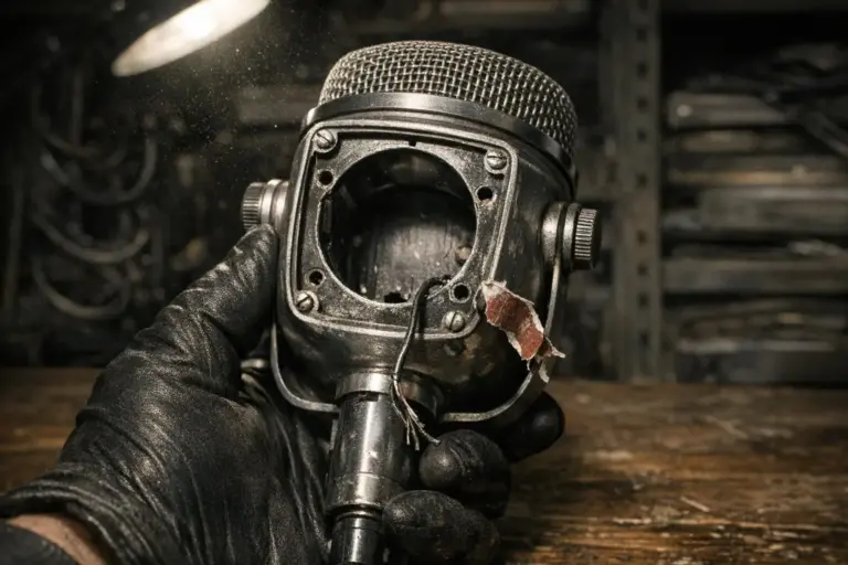 Operación Mockingbird: periodistas, CIA y documentos del Senado 1 Operación Mockingbird en primer plano: mano con guante negro sostiene una pieza metálica con rejilla y abertura frontal.