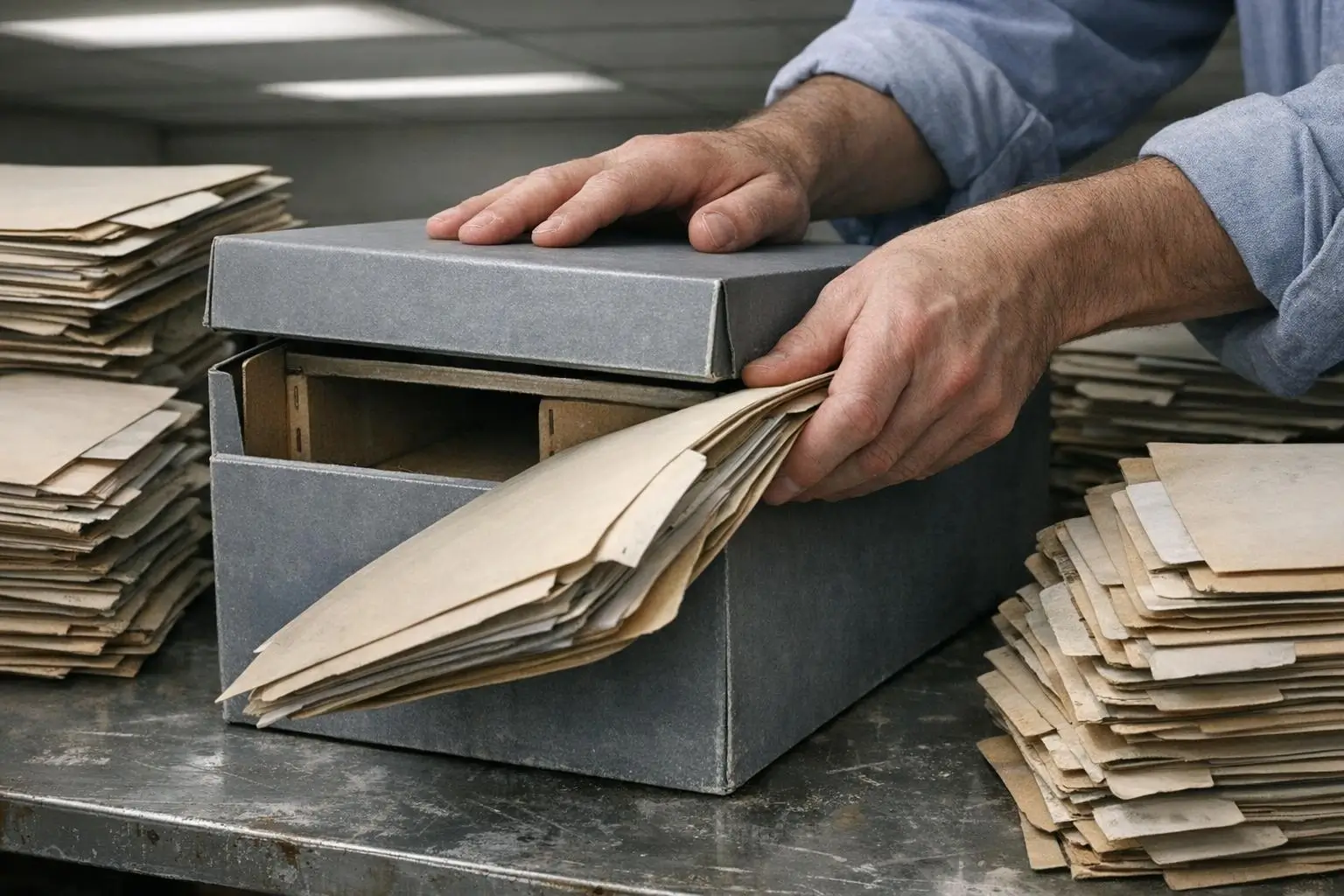 Proyecto Blue Book, manos abriendo caja gris con papeles Manos abriendo una caja gris con papeles apilados, Proyecto Blue Book
