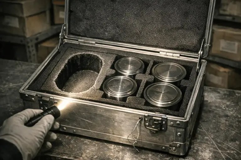 Proyecto Blue Book: 12.618 reportes y el cierre oficial de 1969 2 Proyecto Blue Book, maletín metálico abierto con espuma negra y cuatro recipientes cilíndricos plateados dentro