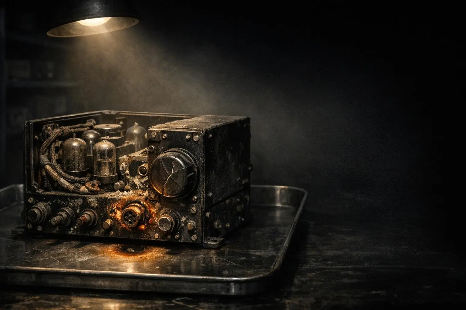 Vuelo 19 Y El Informe Naval, caja metálica con tubos Vuelo 19 y el informe naval en una caja metálica abierta con tubos de vidrio, tornillos y óxido bajo una lámpara