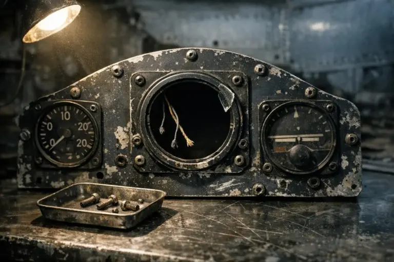 Vuelo 19 y el informe naval: transcripciones y ausencia de restos 5 Vuelo 19 y el informe naval en un panel metálico desgastado con dos esferas circulares y un hueco central con cables.