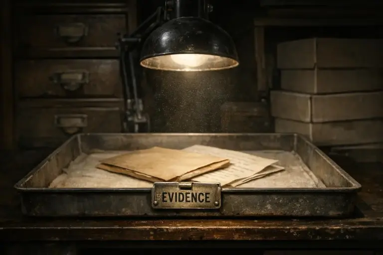 Jack el Destripador: el umbral probatorio detrás del personaje 6 Jack el Destripador, bandeja metálica con sobres y papeles bajo una lámpara