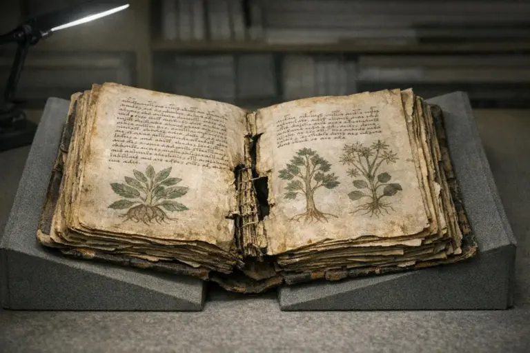 Manuscrito Voynich: de libro indescifrable a problema documental 4 Manuscrito Voynich abierto sobre soporte gris, con texto manuscrito e ilustraciones botánicas