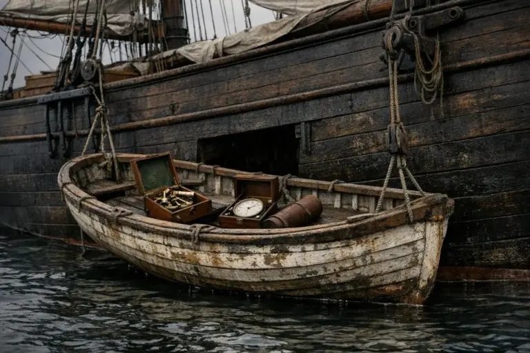 Mary Celeste: del barco fantasma a la evacuación calculada 2 Bote de madera desgastado con cajas abiertas y objetos sobre la cubierta, junto a un barco, Mary Celeste