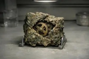 Mecanismo de Anticitera con un engranaje metálico visible dentro de un bloque mineral corroído sobre soporte