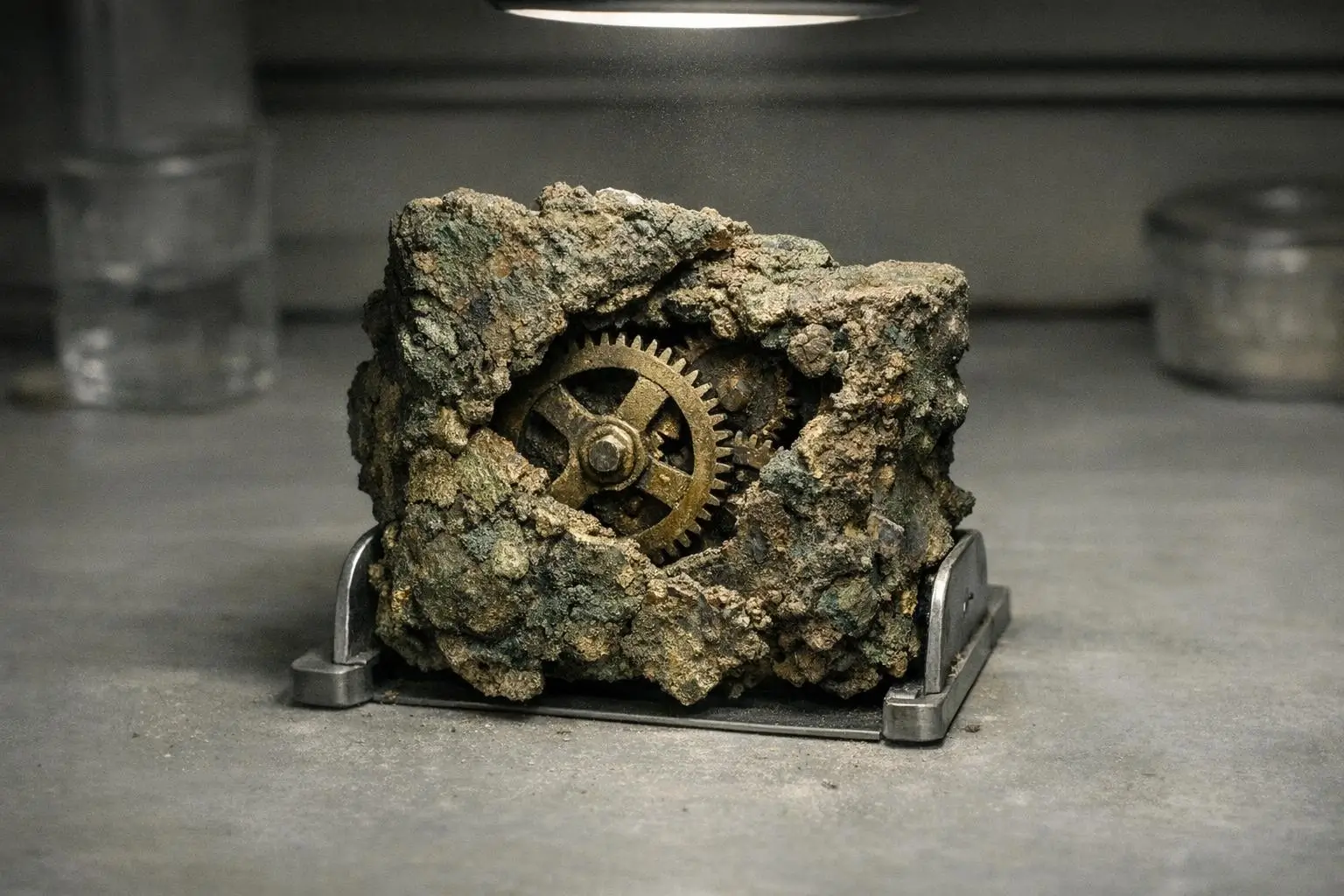Curiosidades reales y misterios racionales 2 Mecanismo de Anticitera con un engranaje metálico visible dentro de un bloque mineral corroído sobre soporte