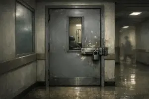 Puerta metálica gris con candado y ventana central en pasillo interior, imagen asociada a MKULTRA
