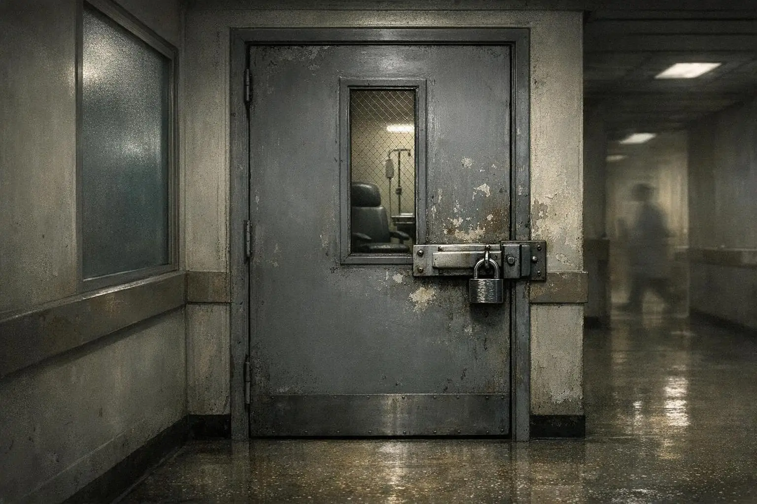 Curiosidades reales y misterios racionales 2 Puerta metálica gris con candado y ventana central en pasillo interior, imagen asociada a MKULTRA