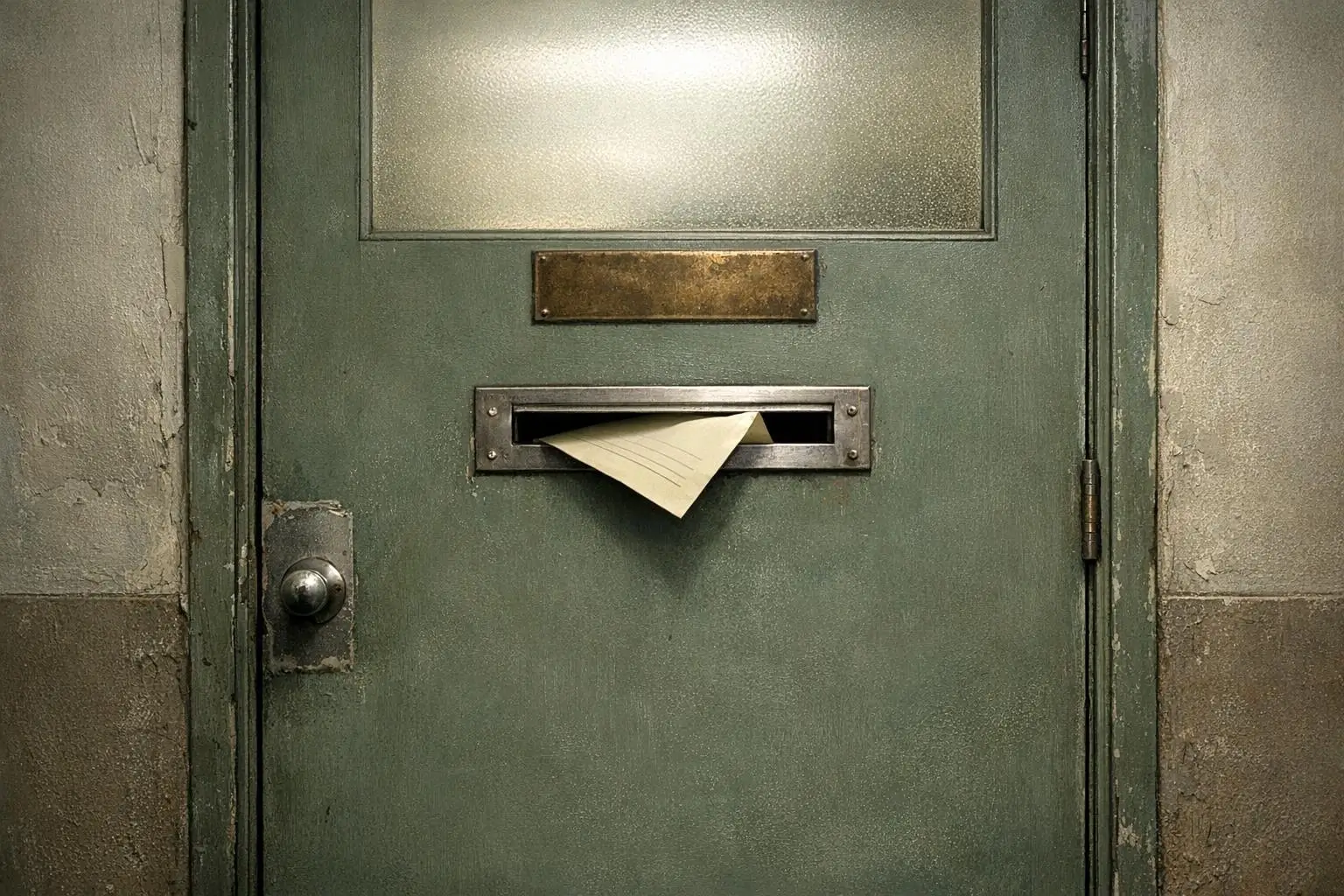 Curiosidades reales y misterios racionales 2 Puerta verde desgastada con vidrio esmerilado y un sobre en la ranura, Operación Northwoods