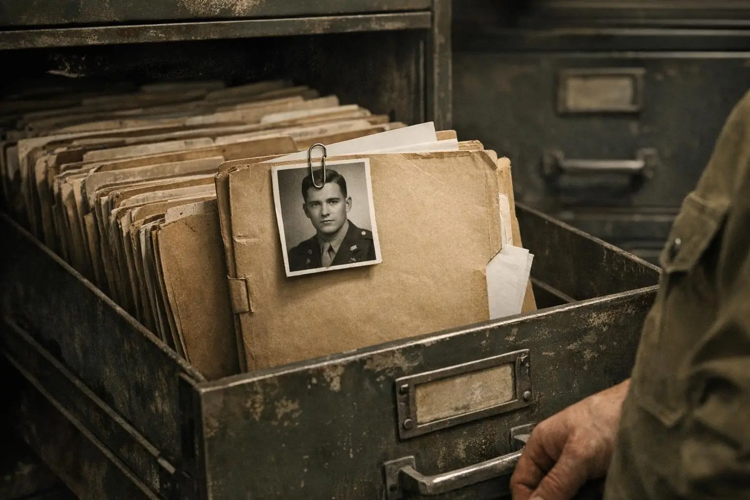 Curiosidades reales y misterios racionales 2 Cajón metálico abierto con carpetas gastadas y foto sujeta con clip, Operación Paperclip